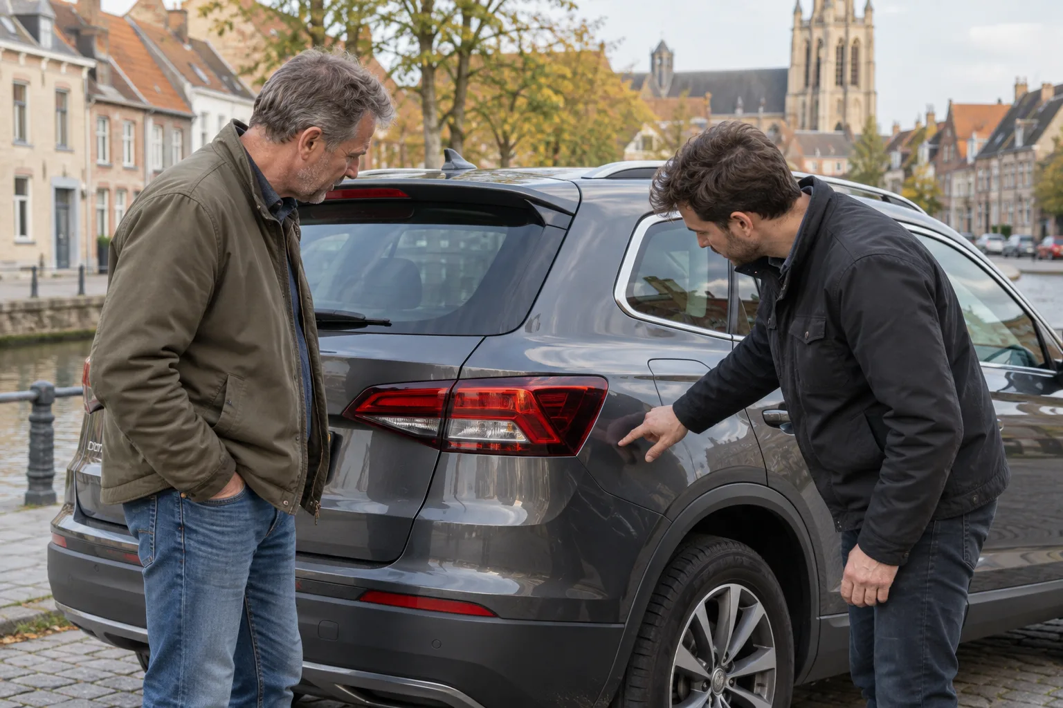 Twee mannen bespreken een wagen in Diksmuide