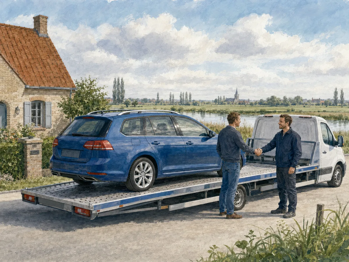 Auto wordt in Diksmuide op een oprijwagen geladen voor gratis ophaling, met de Grote Markt op de achtergrond