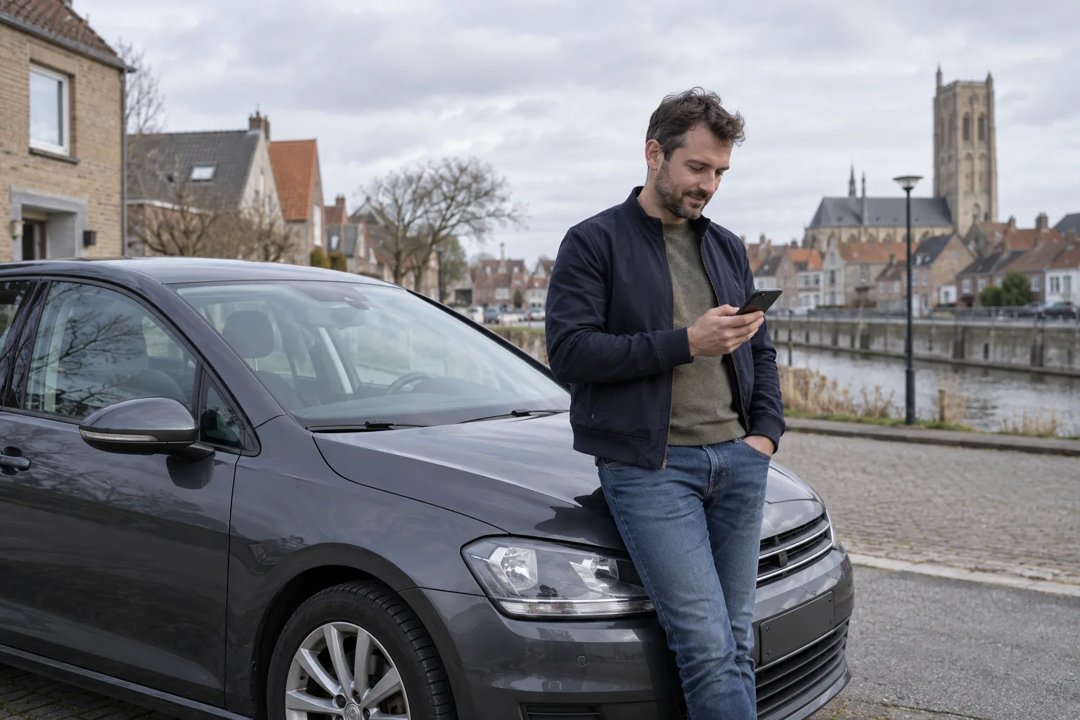 Een autobezitter kijkt op zijn telefoon naast een wagen in Diksmuide